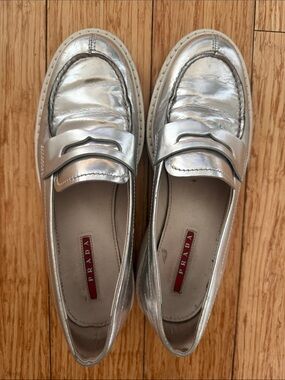 Silver Prada Loafers - 36